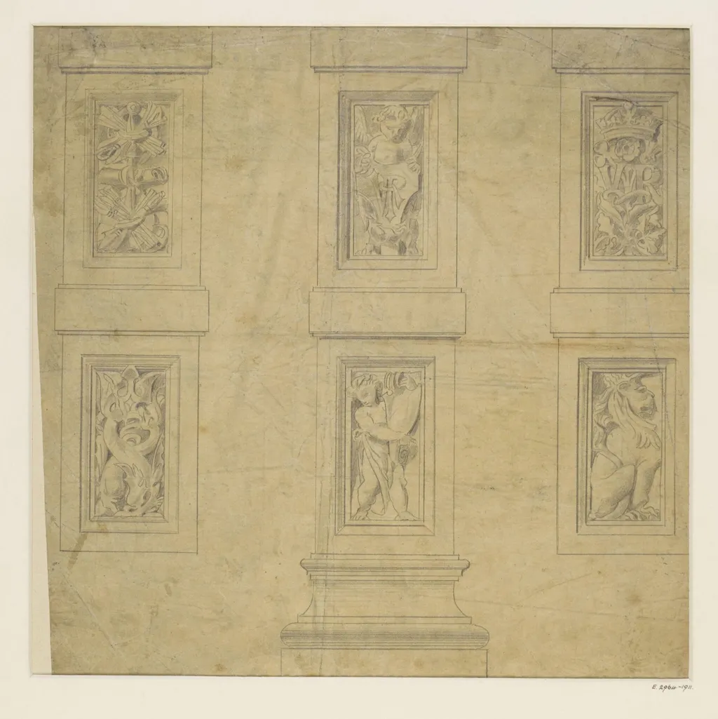 Design for terracotta decoration of the quadrangle, by Townroe