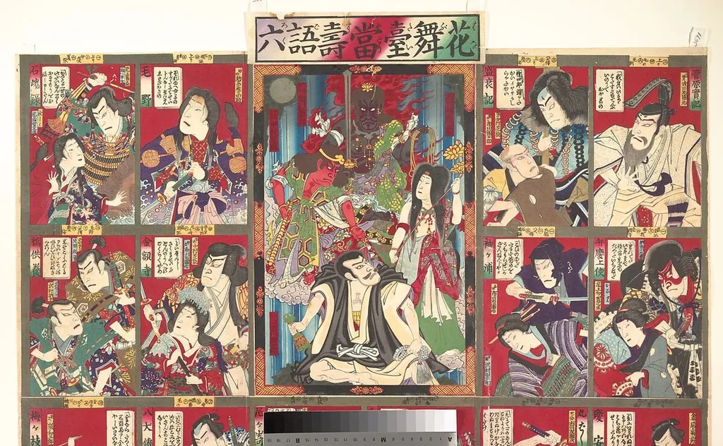 花舞台当寿語六|Board game of the Flower Stage (Hanabutai atari sugoroku), by Toyohara Kunichika, ink, 1883