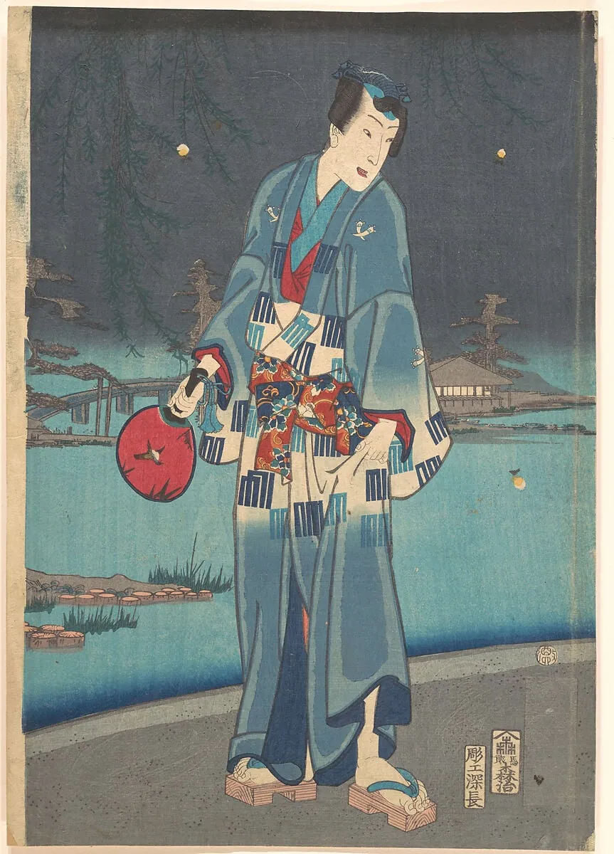 今様源氏紫絹蛍遊び|Modern Genji – Firefly Viewing (Imayō genji shiken hotaru asobi), by Toyohara Kunichika, ink, 1861
