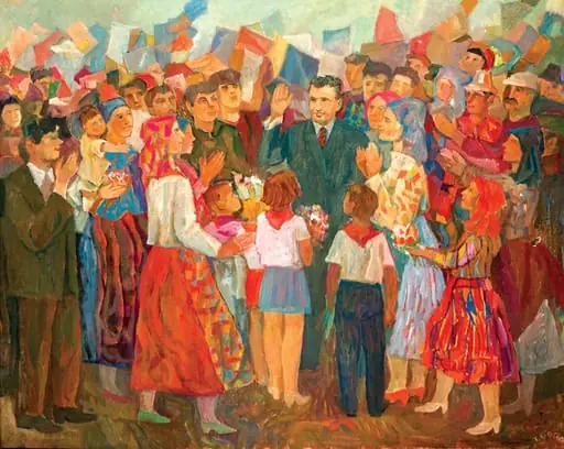 Tablou, ulei pe pânză, „Moment de sărbătoare bihoreană”, semnat T. Goga în partea dreaptă jos. Nicolae Ceaușescu este reprezentat în mijlocul oamenilor munci și al tinerilor din județul Bihor care-l întâmpină cu flori și aplauze. Comandat de Comitetul Județean de Partid Bihor,oferit lui Nicolae Ceaușescu în ianuarie 1978., by Traian Goga