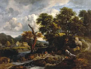 Travellers and shepherds at a crossroads near a dead tree, by Jacob van Ruisdael