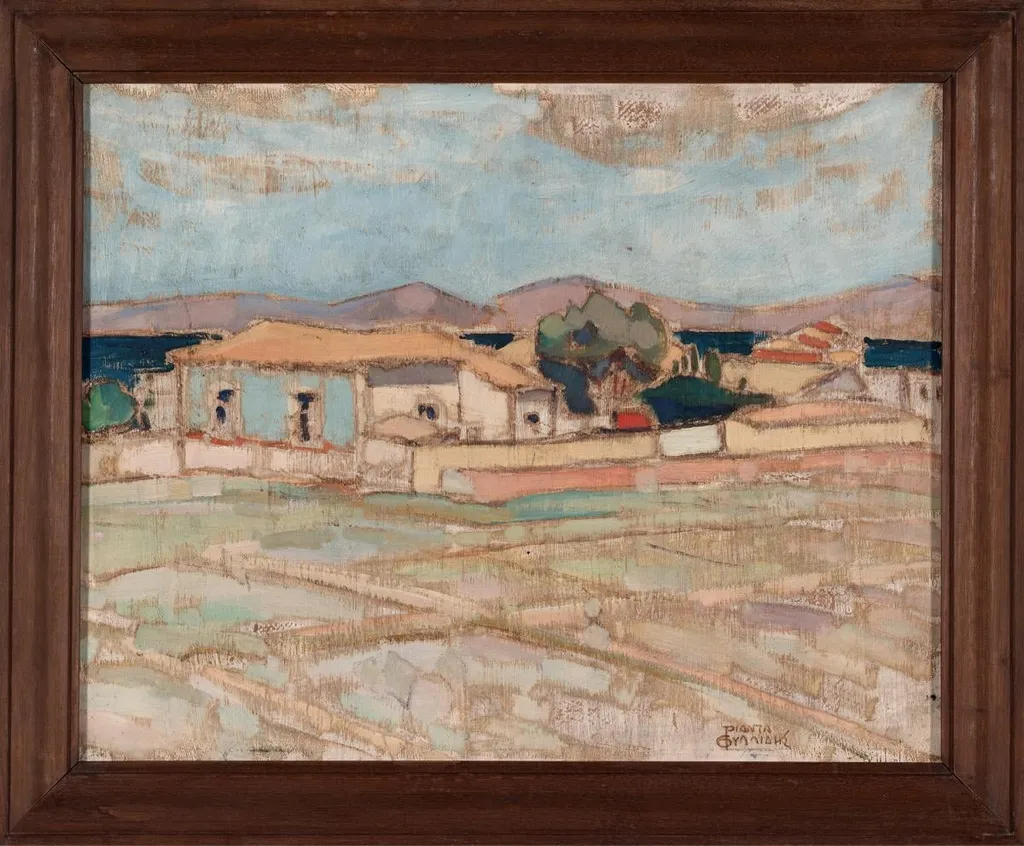 Landscape, houses, old market, by Triantafyllidis Theofrastos, unspecified