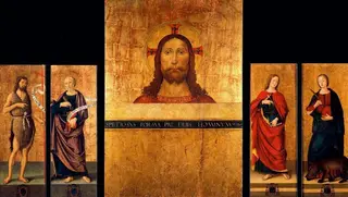 Triptych: Bust of Christ, Saint John the Baptist and Saint Peter. Closed: Saint John the Evangelist and Saint Colombe, by Antoniazzo Romano
