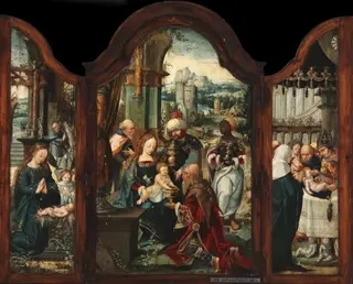 Triptych. Central panel: The Adoration of the Magi; left wing: The Nativity; right wing: The Circumcision