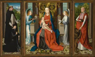 Triptych of Madonna and Child with Angels; Donor and His Patron Saint Peter Martyr; and Saint Jerome and His Lion