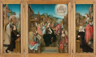 Triptych with the Virgin and Child and saints (centre panel), the donor with St Martin (inner left wing), the donor’s wife with St Cunera (inner right wing) and the Annunciation (outer wings), by Master of Delft