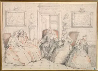 Trissotin Reading to Philaminte, Bélise, and Armande (from act 3, scene 2 of Molière's "Les Femmes Savantes", by Charles-Antoine Coypel