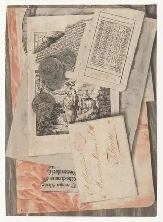 Tromp l'oeil composition showing overlapping  drawings and engravings, a page from a calendar, some  coins and a franked envelope addressed to Monsieur Antoine Sielli, Florence