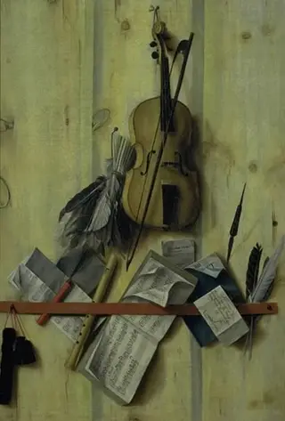 Trompe l'oeil with Violin, Music Book and Recorder, by Cornelis Norbertus Gijsbrechts