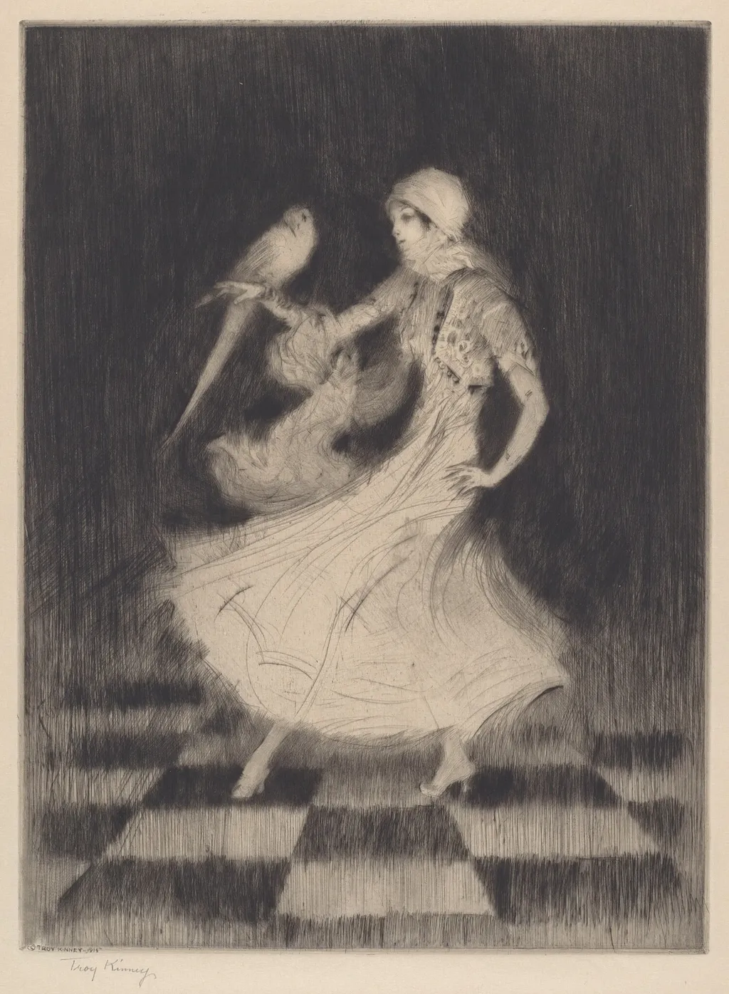 Woman Dancing with a Parrot, by Troy Kinney, ink, 1915