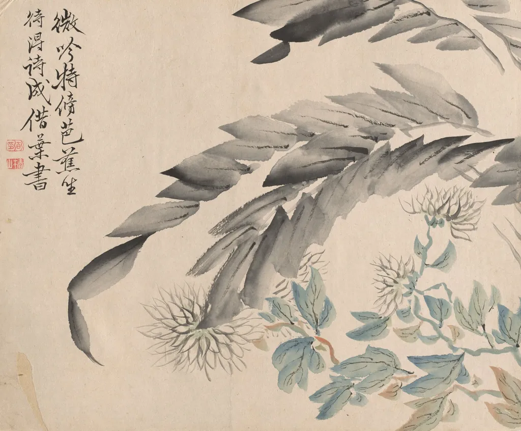 Banana Plant and Chrysanthemum, by Tsubaki Chinzan, 1850