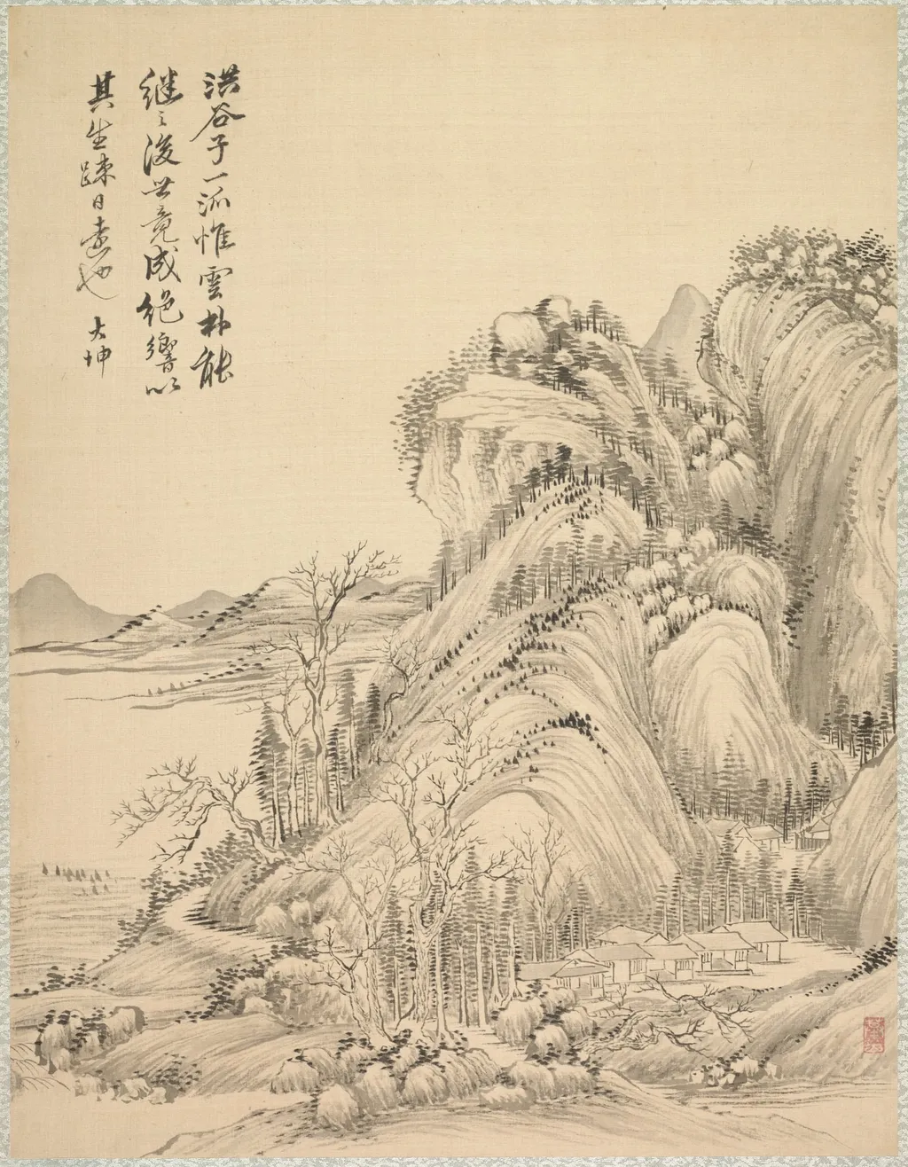 Dwellings beneath Folded Hills, by Tsubaki Chinzan, 1847