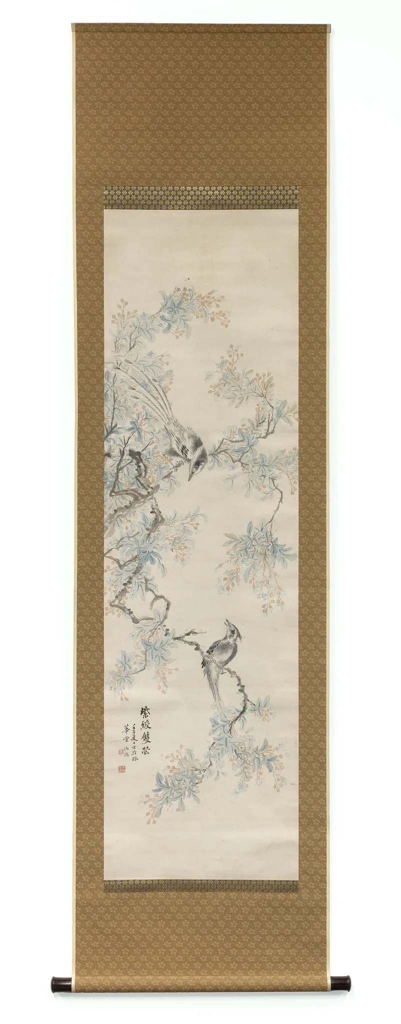 Paradise Flycatchers amid Flowering Branches, by Tsubaki Chinzan, unspecified, 1852