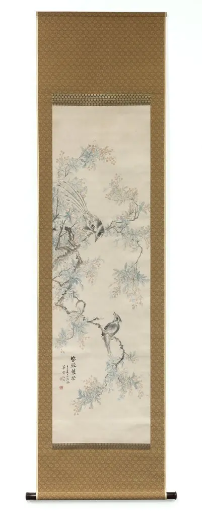 Paradise Flycatchers amid Flowering Branches, by Tsubaki Chinzan
