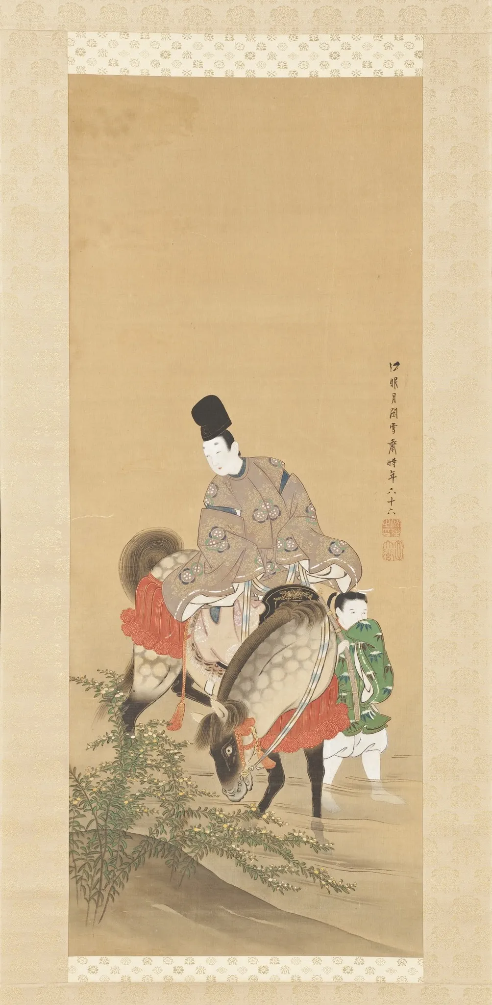 Mounted Courtier Crossing the River Tamagawa at Ide, by Tsukioka Sessai, unspecified