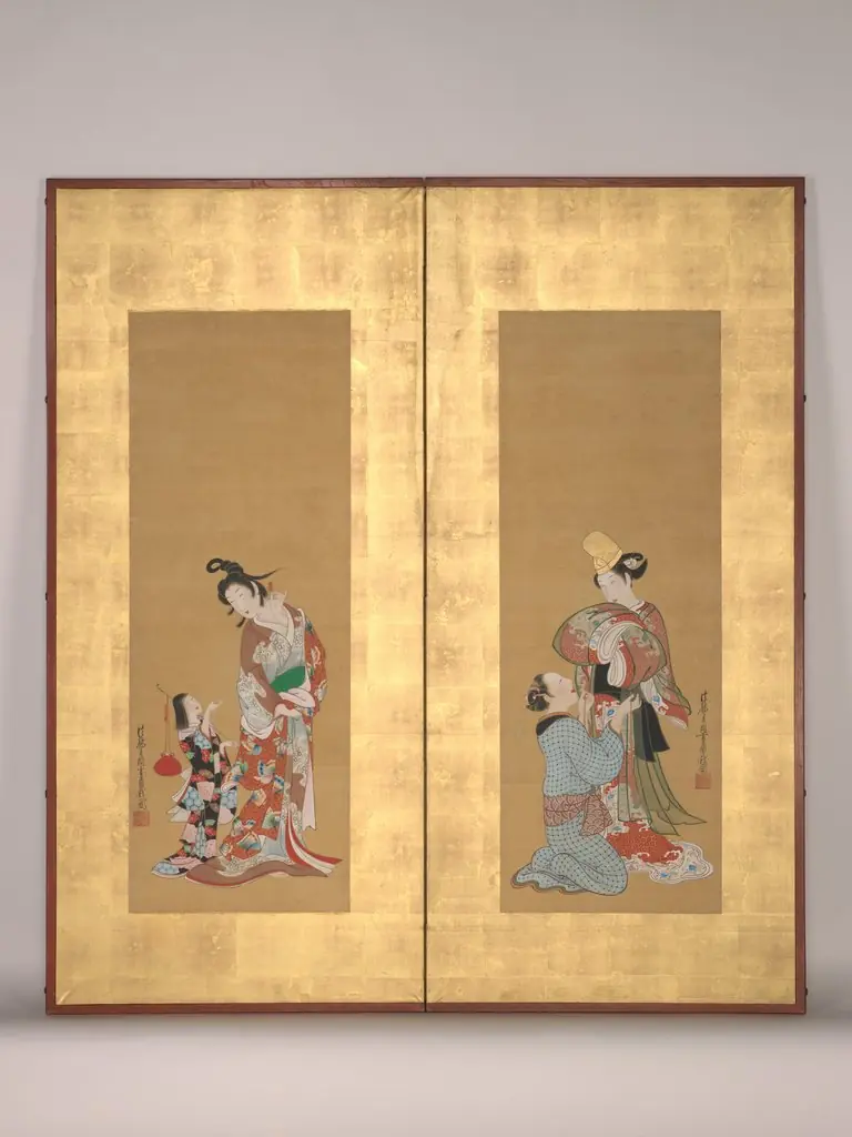 Shirabyōshi Dancer and Female Servant; Courtesan and Girl Attendant, by Tsukioka Settei