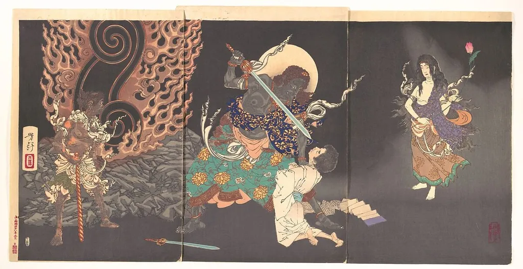 月岡芳年筆 不動明王∙祐天上人図|Fudō Myōō Threatening a Novice, by Tsukioka Yoshitoshi, ink, 1885