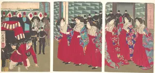 官女ステーション着車図|Illustration of Ladies-in-waiting boarding at a station (Kanjo sutēshon chakusha zu), by Tsukioka Yoshitoshi