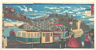 東京名勝高輪　蒸気車鉄道之全図|Illustration of Steam Locomotive Tracks at Takanawa, from the series Famous Places in Tokyo  (Tōkyō meishō Takanawa-jōki kikansha no zen zu)