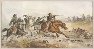 Turkish irregular cavalry charging Russian infantry