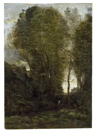 Twilight: Landscape with Tall Trees and a Female Figure