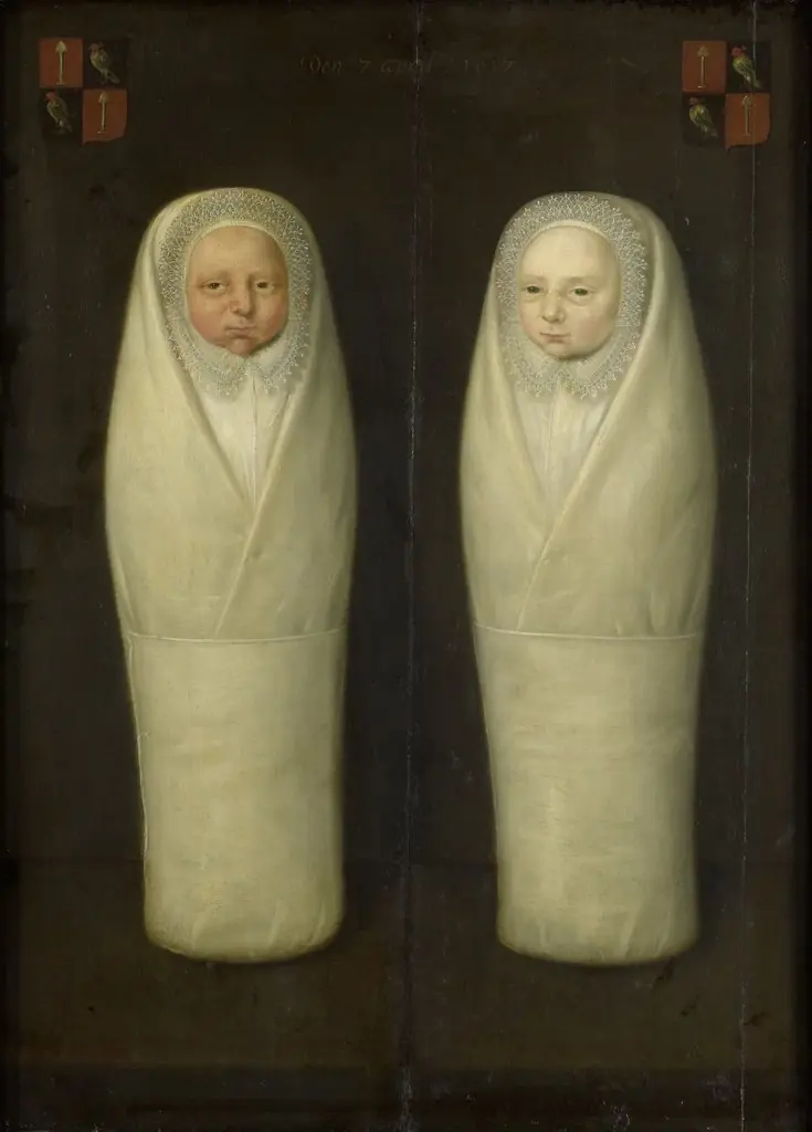 Twins in swaddling clothes: the children of Jacob de Graeff and Aeltge Boelens, who died in infancy, 1617
