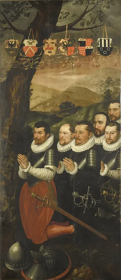 Two Altarpiece Wings with the Circumcision (left) and Adoration of the Shepherds (right). On the outside are John the Baptist with the Lamb of God and Six Kneeling Noblemen in Armor, oil, 1570