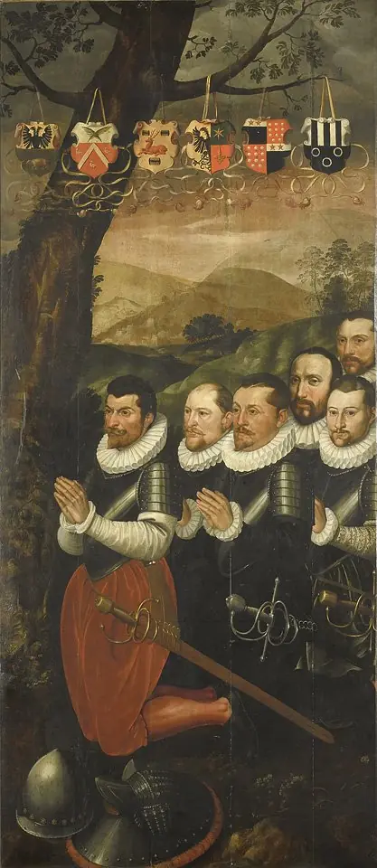 Two Altarpiece Wings with the Circumcision (left) and Adoration of the Shepherds (right). On the outside are John the Baptist with the Lamb of God and Six Kneeling Noblemen in Armor, 1570