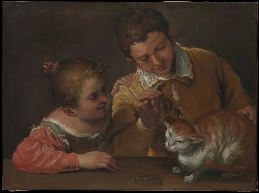 Two children teasing a cat