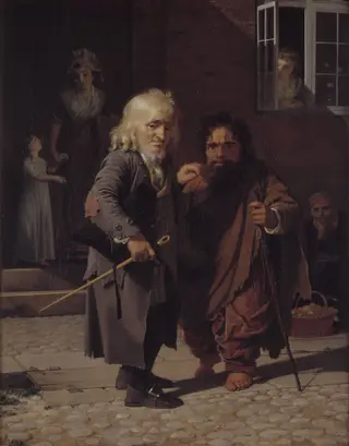 Two Dwarfs: Obligeert, a Jewish pigtail-ribbon Vendor, beside the Roman Dwarf Bajocco in one of the Streets of Copenhagen