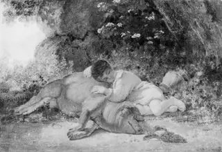 Two Friends. A Boy Sleeping beside a Pig