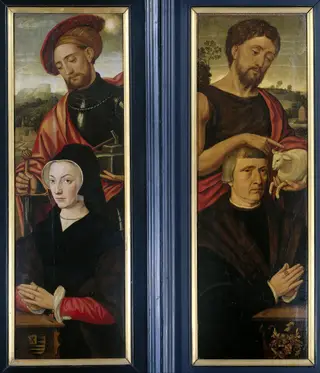 Two wings of a triptych, with the portraits of a man and a woman, accompanied respectively by John the Baptist and St. Adrianus