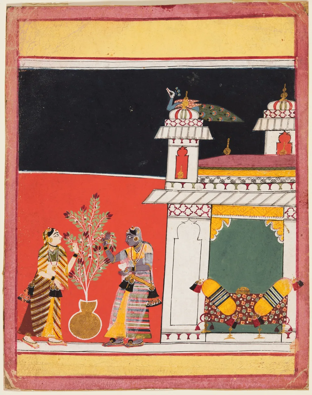 Two Women Pluck Flowers on a Terrace: Gunakali Ragini, from a Ragamala, unspecified, 1650
