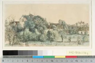 Udsigt mod Ørbæk præstegård og kirke