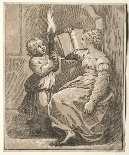 Sibyl Reading with a Child Holding a Torch, by Ugo da Carpi