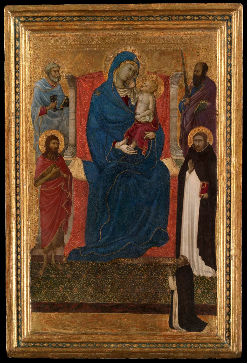 Virgin and Child Enthroned with Saints Peter, Paul, John the Baptist, and Dominic and a Dominican Supplicant, by Ugolino di Nerio, tempera, 1330