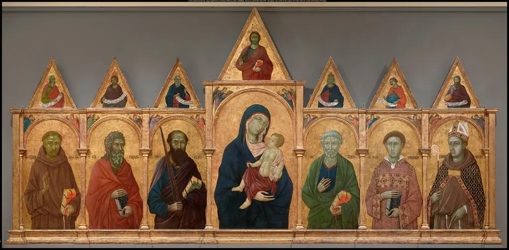 Virgin and Child with Saints Francis, Andrew, Paul, Peter, Stephen, and Louis of Toulouse, by Ugolino di Nerio