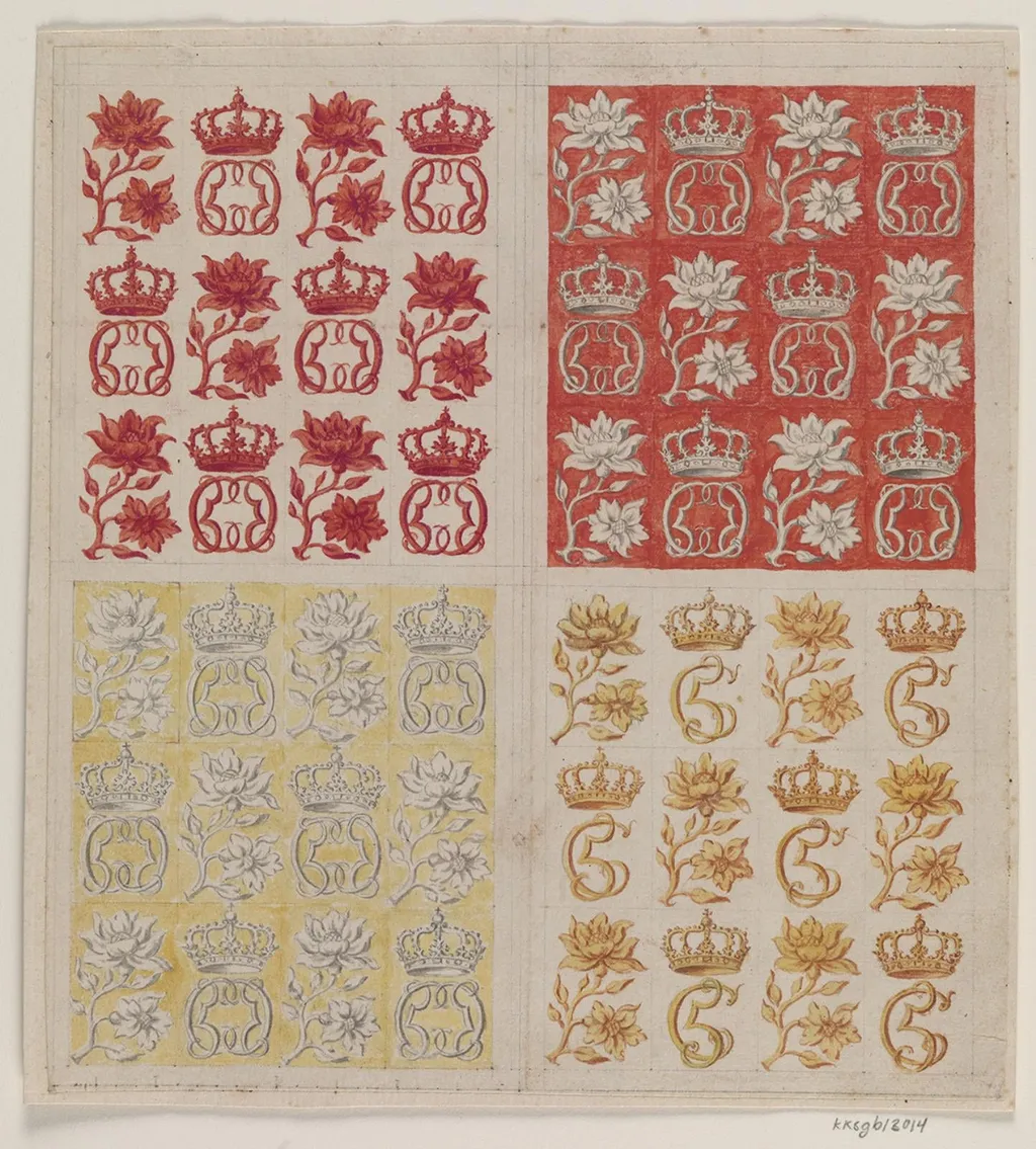 4 stofmønstre med Christian V's monogram, i varierende farver, by Unknown, unspecified, 1650