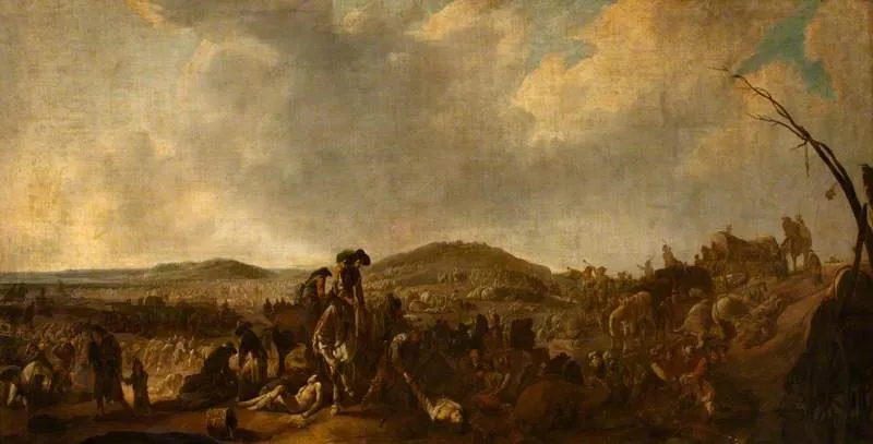 A Battlefield: Trumpeters Sounding a Recall, by Unknown, oil, 1700