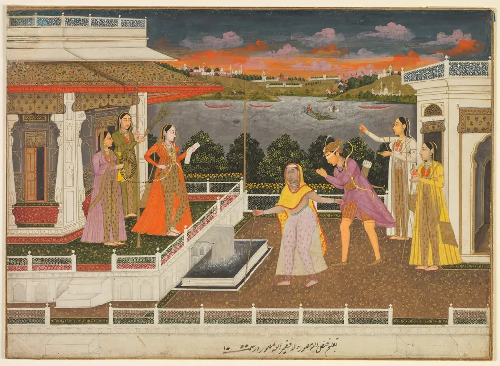 A blindfolded suitor is brought before a princess; verso: scrolling floral vines, by Unknown