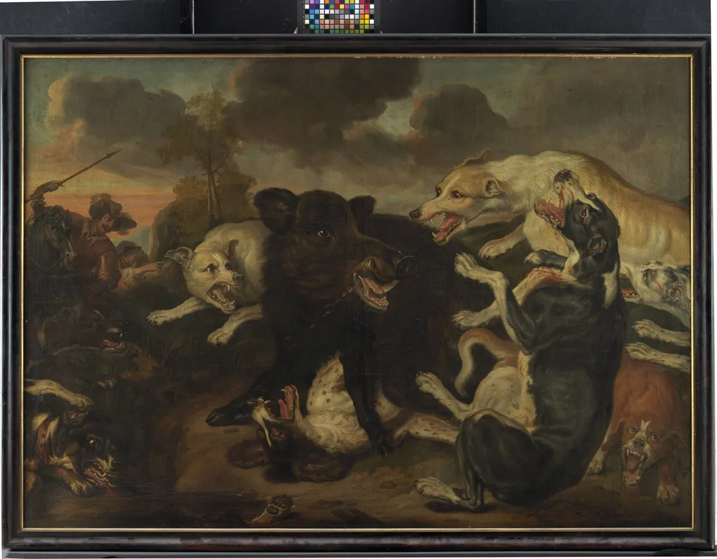 A Boar Hunt, by Unknown, 1677