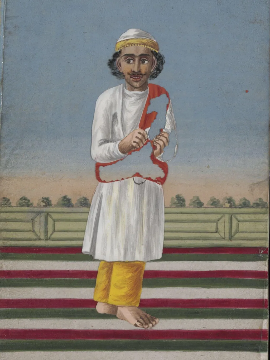 A Box covered and lined with brocade containing a card painted with a face, and with a verandah covered with a striped rug; also twelve mica overlays depicting dancers and musicians., by Unknown, paint, 1860