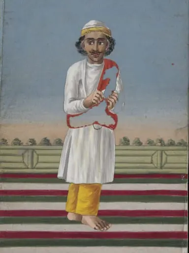 A Box covered and lined with brocade containing a card painted with a face, and with a verandah covered with a striped rug; also twelve mica overlays depicting dancers and musicians., by Unknown