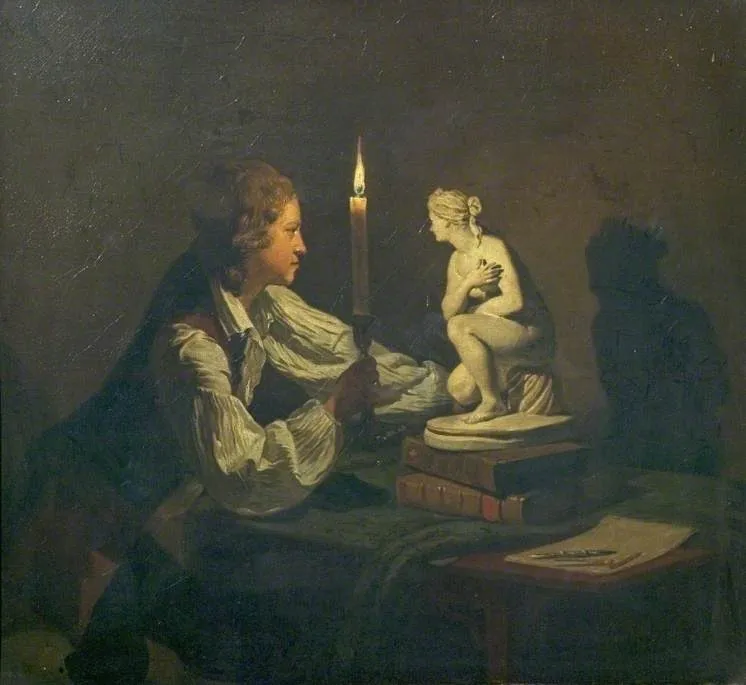 A Boy Admiring a Statuette by Candlelight, by Unknown, oil