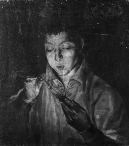 A Boy Blowing on an Ember to Light a Candle, by Unknown, oil, 1700
