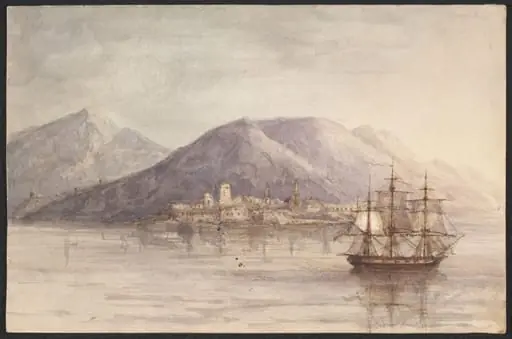 A British warship, lying off a Turkish Port, 1850-1860, by Unknown