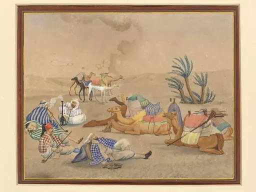 A caravan with camels resting at an oasis in the desert., by Unknown