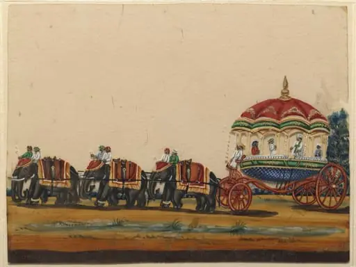 A carriage drawn by six elephants, by Unknown
