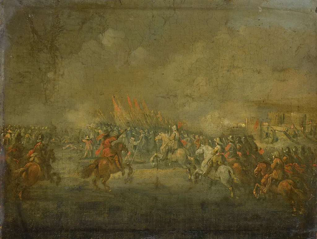 A cavalry attack, by Unknown, oil, 1645