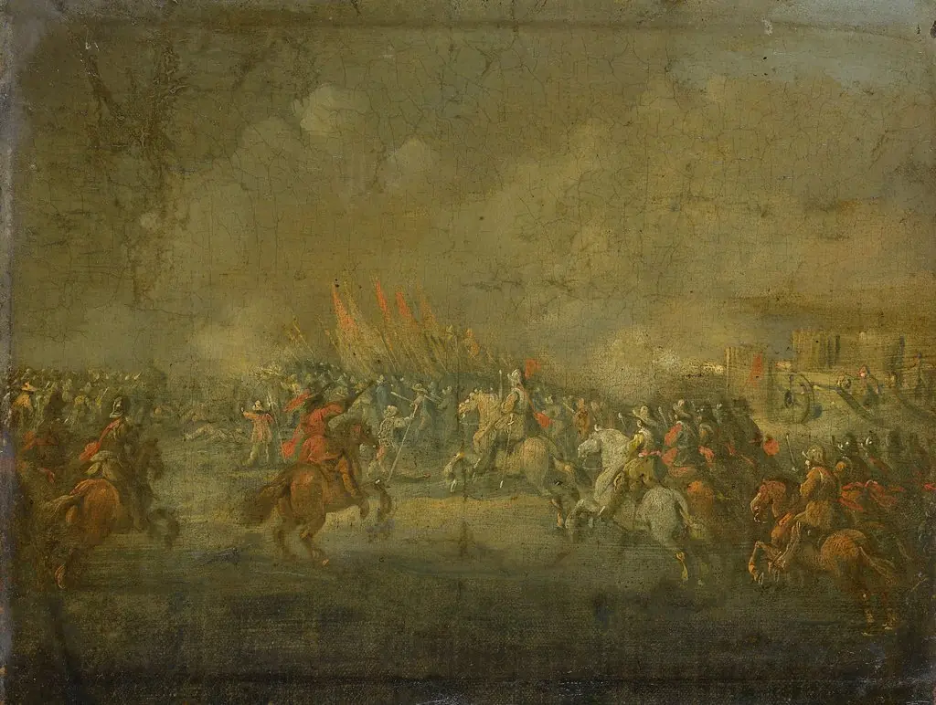A cavalry attack, by Unknown